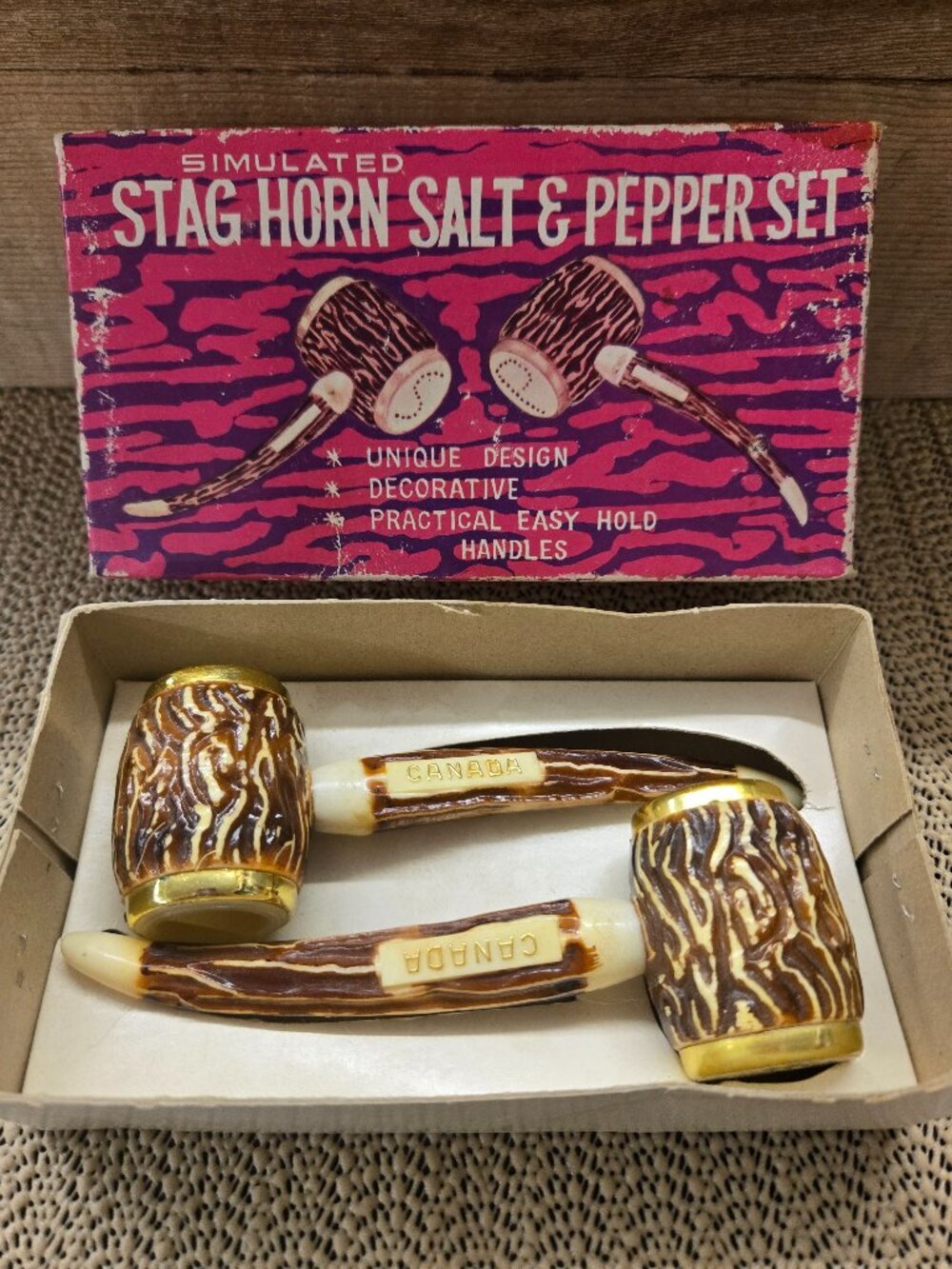 Vintage pair Salt Pepper Shakers Antler pipe looking design Hong Kong